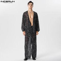 Mens Tracksuits INCERUN American Style Sexy Sets Abstract Graffiti Line Print Mesh Seethrough Shirt Pants Casual Two Piece S5XL 230804