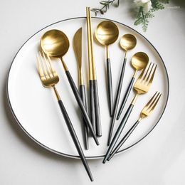 Dinnerware Sets Serving Gold Cutlery Set Black Matte Birthdays Portable Kitchen Utensils Spoon Coffee Dessert Talheres Home Garden