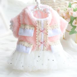 Dog Apparel Warm Autumn Dress Coat Tulle Bottom Pet Clothes Bowknot Soft Teddy Poodle XS S M L XL