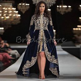 New Moroccan Caftan Evening Dresses Long Sleeve Lace Appliques Muslim Arabic Formal Prom Dress 2020 Velvet High Low Dubai Abaya Ev244D