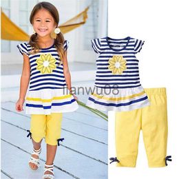 Clothing Sets Stripe Flower Baby Girls Clothes Sets Children Dress Tops Leggings 2017 Kids Pants Blouse Girl TShirt Short Pant Suit Cotton x0803