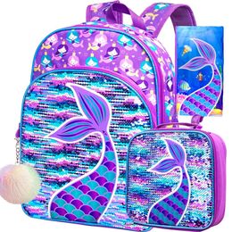 Backpacks 3PCS Mermaid for Girls 16" Little Kid Sequin Preschool School Bookbag and Lunch Box 230803