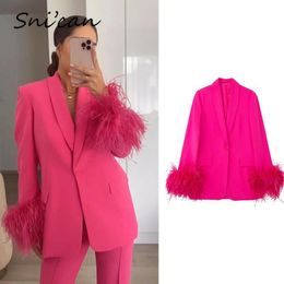 Women's Suits Blazers Solid Pink Feather Cuff Women Blazer Mujer Fashion Autumn Winter Single Button Basic Office Ladies Jacket Coat Outwear 230803