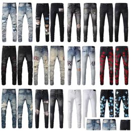 Men'S Jeans Mens For Guys Rip Slim Fit Skinny Man Pants Red Star Patches Wearing Biker Denim Stretch Ct Motorcycle Trendy Long Straigh Dh42O