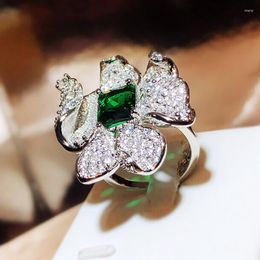 Cluster Rings Irregular Big Flowers 925 Sterling Silver Emerald Zircon Adjustable Ring For Women Charm Wedding Jewelry Party Gift