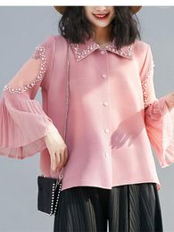 Women's Blouses Summer Fashion Oversized Solid Color Pearls Beading Long Flare Sleeve Pleated Blouse Tops Women Loose High Stretchy Shirts