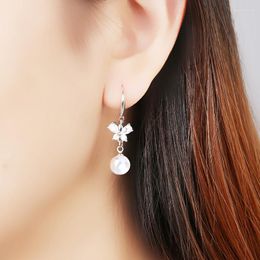 Stud Earrings Luxury Real White Gold Circle Pearl Earclip Women Wedding Engagement Bridal Jewelry Cute Butterfly