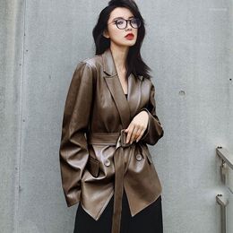 Women's Leather Sheepskin Jacket Woman 2023 Spring Korean Medium And Long Lace-up Belt Sleeve Suit Genuine Coat Office Lady
