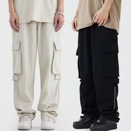 Men's Pants Solid Colour Multiple Pockets Men Trousers Streetwear Cargo Loose Fit Multi-pocket Design Elastic Waist Stylish