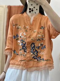 Women's Blouses Art Retro Ramie Embroidery Shirt Original Luxury Fashion Tops Summer High Quality Patchwork Vintage Womens Clothes 2023