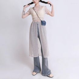 Women's Blouses 2023 Summer Long Floral Chiffon Shirt Tops Women Transparent Hanging Neck Dress Fashion Sweet Personality Streetwear