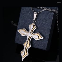 Pendant Necklaces 2 Tone Multiplayer Wave Cross Charm Necklace 60cm Ball Chain Jesus Jewellery For Men 2023 Religious Gift