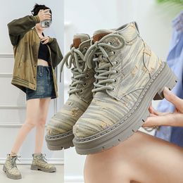 High Top Canvas Shoes for Women 2023 Niche Trendy Thin Short Boots Thick Soled Outdoor Work Clothes Short Boots Motorcycle Boots