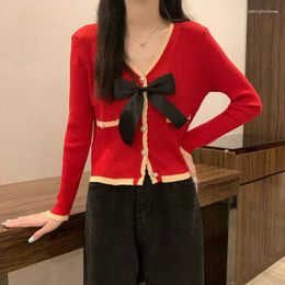Women's Tanks Small Fragrant V-neck Colourful Bow Tie Knit Sweetheart Long Sleeve Pearl Button Short Top