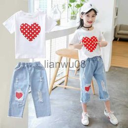 Clothing Sets Fashion 2023 Girls Clothes Sets Summer Short Sleeve Tshirt Jeans Pants 2PCS Children Clothing Kids Outfits Teen 6 8 10 12 Yea x0803