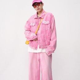 Men's Tracksuits Summer Pink Denim Jacket Straight Jeans Casual Set Fashion High Street Daily Short Overcoat Trousers Suit Male Clothes