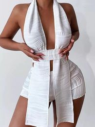 Women's Tracksuits Szkzk White Two Piece Jacquard Set Sexy Backless Tops And Shorts High Waist Party Night Club Outfits For Women 2pcs