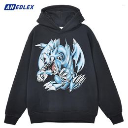 Men's Hoodies Men Washed Black Hoodie Sweatshirt Streetwear Anime Blue Dragon Graphic Haruku Cotton Winter Fleece Hooded Pullover