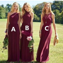 2023 Burgandy Bahçe Nedime Elbise Bir Omuz Kat Uzunluğu Şifon Nedime Gowns Plus Boyutu Düğün Konuk Elbiseleri