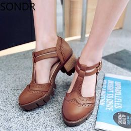 Dress Shoes US4-11 Women's Engraved T-Band Oxford Block High Heels Brogue Block High Heels Retro Plus Size 4Colors New Z230804
