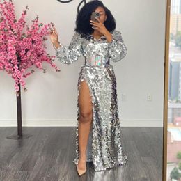 Casual Dresses Silver Sparkle Sequined Split Straight Prom Gowns Puff Sleeves Sexy Long Women To Party Gold Formal Maxi Dress