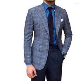 Men's Suits High Quality Gray Plaid Peaked Lapel Two Buttons Coat With Navy Blue Pants Business British Style Formal Wear 2 Pieces