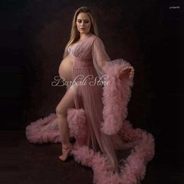 Casual Dresses See Thru Blush Pink Tulle Maternity Women Ling Robe Pretty Flare Sleeves Tiered Rulles Pregnancy Gowns To Po Shoot