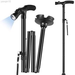 Trekking Poles Folding Cane with LED Light Foldable Walking Stick Anti-Slip Disability Aluminium Cane Torch Adjustable Portable Emergency Lamp HKD230804