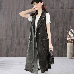 Women's Vests Large Pockets Suit Collar Long Denim Plus Size Vest Women Black Fashionable Sleeveless Jacket Female