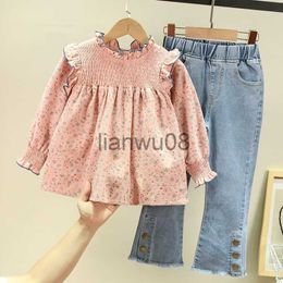 Clothing Sets Children'S Clothing 2022 Spring Autumn New Floral Cute Baby Shirt Denim Bell Bottom Jeans Pants Casual Sweet Girls Clothes Suit x0803