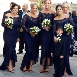 Vintage Lace Navy Blue Mermaid Bridesmaid Dresses Off the Shoulder Tea Length 2023 Custom Made Plus Size Long Sleeves Maid of Honour Gown