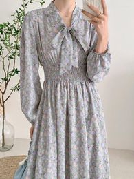 Casual Dresses Bowknot Doll Collar Floral Print Chiffon Dress 2023 Spring Elegant Gentle Long Sleeves Vintage High Waist Mid-Calf Women