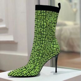 balencigaa Stiletto Highest quality Balenicass Sock Boots Booties Ankle Shoesknitted Fabric Letter Midcalf Pull on Elastic Pointtoe Stiletto Luxury Designer Boo
