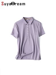 Women's Polos SuyaDream Women Polo T Shirt Silk Cotton Blend Short Sleeved Solid Summer Tee Chic Tops Pink Purple 230803