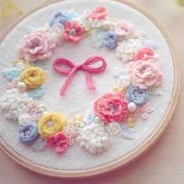 Chinese Style Products Fluffy Flower Embroidery Kit DIY Needlework Houseplant Needlecraft for Beginner Cross Stitch Artcraft(With Hoop)
