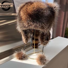 Beanie Skull Caps Lady Real Raccoon Fur Cap Tail Women Natural Ushanka Hats for Winter Thick Warm Ears Fashion Bomber Pom Hat 230804