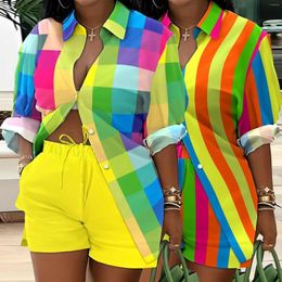 Women's Tracksuits Colour Contrast Printed Women 2 Piece Set Long Sleeve Button Up Shirts&blouse Biker Shorts Matching 2023 Autumn