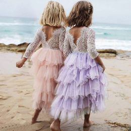 Girl's Dresses Wedding Girl Backless Lace Flower Princess Dress Baby Kids Floor Long Dresses Children Clothing Party Gown Vestidos Clothes 230803