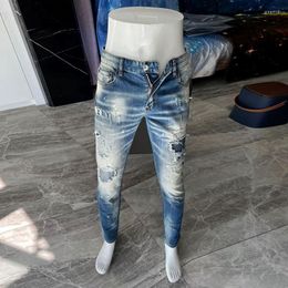 Men's Jeans Street Fashion Men Retro Light Blue Elastic Vintage Slim Ripped Patchwork Designer Hip Hop Brand Pants Hombre