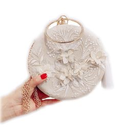 Evening Bags Handmade Flower Appliques Evneing Elegant Circular Floral Ring Handle Makeup Handbags Fairy Embroidery Chain Shoulder 230803