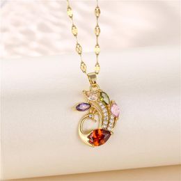 Pendant Necklaces Colourful Crystal Zircon Peacock Stainless Steel Lip Chain Women Necklace Female Vintage Style Neck Jewellery Wholesale