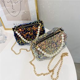 Evening Bags Fashion Women Pearl Sequins Cylinder Chain Handbag Solid Colour Crossbody Tote for Shopping Travel 230803