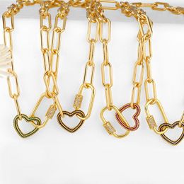 Pendant Necklaces Gold Plated Curb Chain Inlaid CZ Heart Carabiner Necklace For Women Men Thick Link Hip Hop Fit Dancer Punk Jewelry Gift