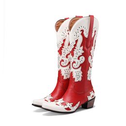 Boots BONJOMARISA High Heeled Women Western Knee High Boots Pointed Toe Slip-on Mixed Colour Cowboy Cowgirl Autumn Lady Shoes Brand 230803