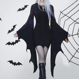 Casual Dresses Halloween Costume Dress Dark Style Party With Batwing Sleeves Irregular Cuff Lace Up For Cosplay