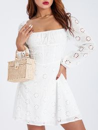 Casual Dresses Women S Square Neck Ruffle Sleeve Floral Embroidered A-Line Dress With Corset Detail And Ruched Bust