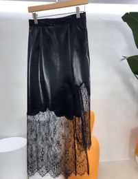 Skirts 2023 Korean Spring Style Stylish Versatile Lace Spliced PU Leather Black Women Skirt Slim Fit Mid Length Dress For