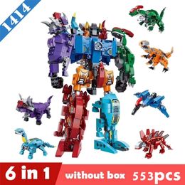 Blocks Transformation 6 in 1 City Dinosaur Mecha Deformation City Guard Robot Enlighten Block Set Kids Educational Building Toys 230803