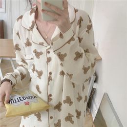 Women's Sleepwear Cartoon Bear Print Autumn Home Suit Women Cotton Korean Kawaii Single Breasted Shirts Trousers Pajamas Set Ins