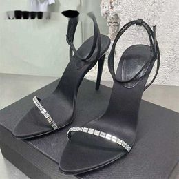 Sandals Black Pointed Toe Stilettos Shoes Women 2023 Luxury Rhinestone Ankle Strap Cross-Tied Sexy Peep